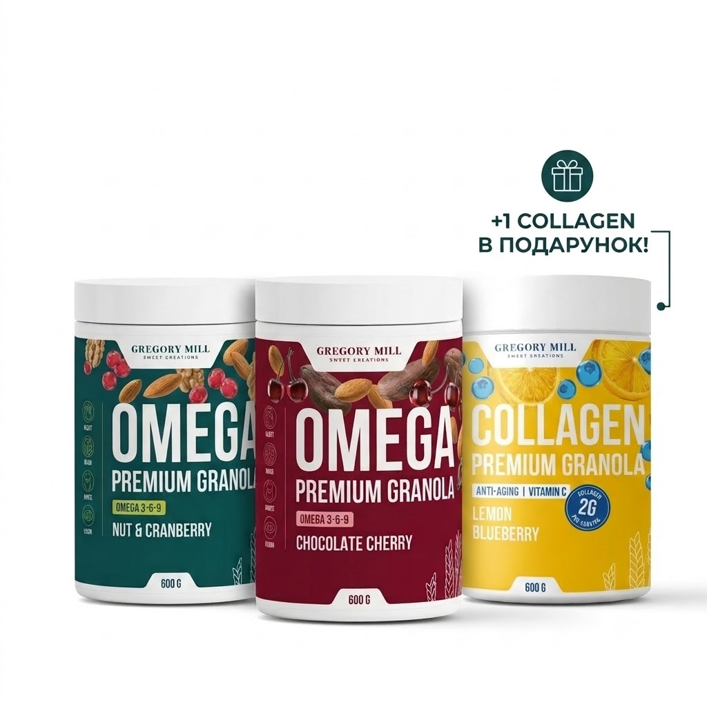 Набір граноли Омега та Колаген Omega Beauty Pack Nut & Cranberry, Chocolate Cherry та Lemon Blueberry, 1800 г, Gregory Mill
Набір граноли Омега та Колаген Omega Beauty Pack Nut & Cranberry, Chocolate Cherry та Lemon Blueberry, 1800 г, Gregory Mill