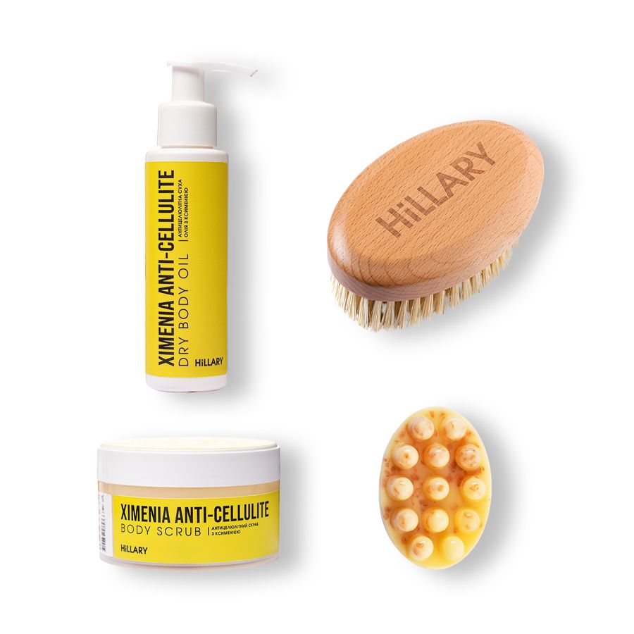 Anti-cellulite care at home with ximenia oil and an oval brush for dry massage