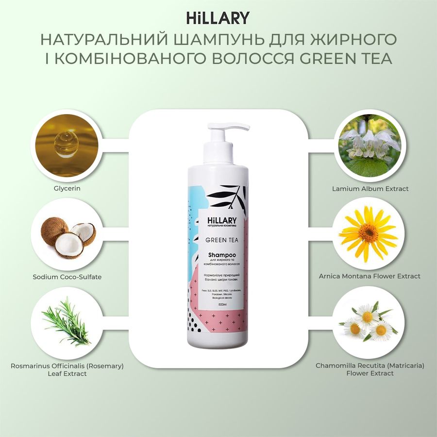 Натуральный шампунь для жирных и комбинированных волос Hillary GREEN TEA Shampoo, 500 мл - фото №1