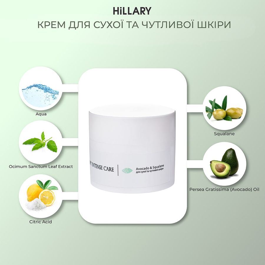 Cream for dry and sensitive skin Hillary Corneotherapy Intense Сare Avocado & Squalane, 50 ml