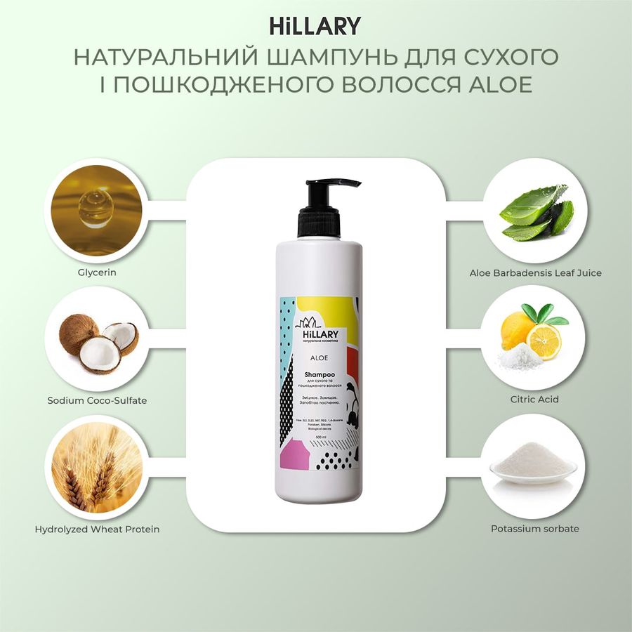 Натуральный шампунь для сухих и поврежденных волос Hillary ALOE Shampoo, 500 мл - фото №1